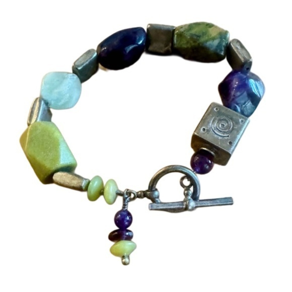 Handmade Multicolor Beaded Silver Tone Bracelet
